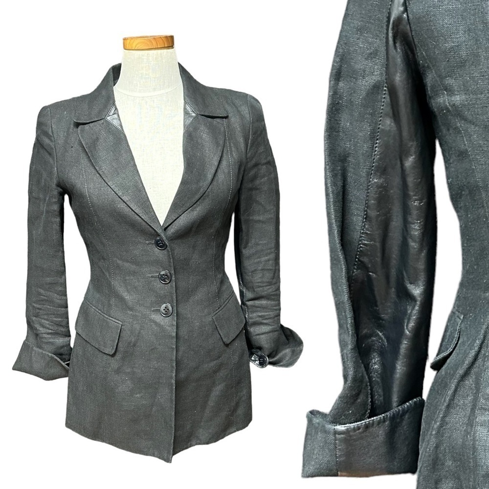 Tomaso Stefanelli black linen and leather blazer size 40 small medium lined